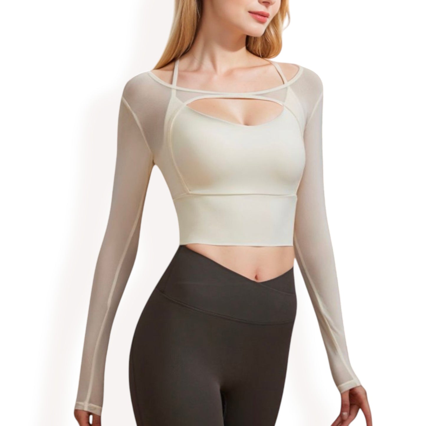 Anna-Kaci Women's Long Sleeve Mesh Cropped Activewear Top with Cutout Detail and Sheer Sleeves