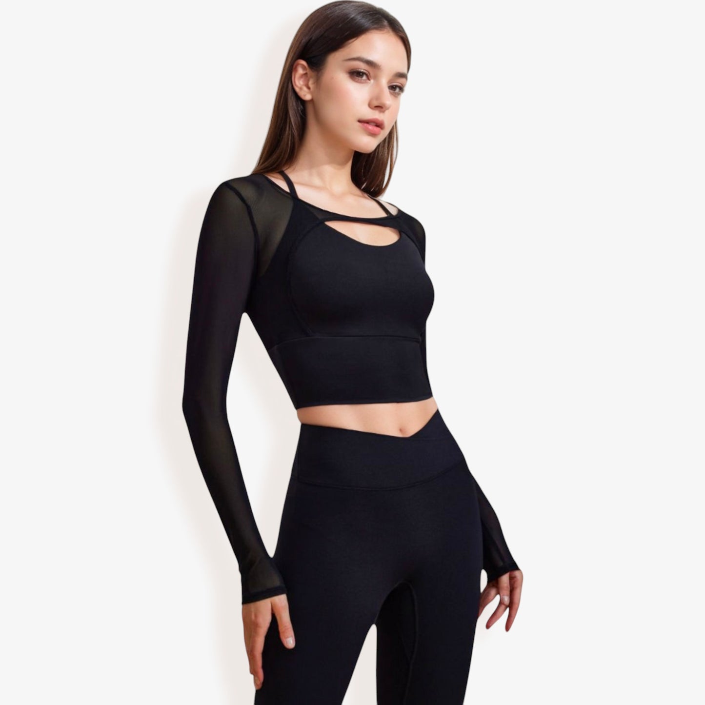 Anna-Kaci Women's Long Sleeve Mesh Cropped Activewear Top with Cutout Detail and Sheer Sleeves