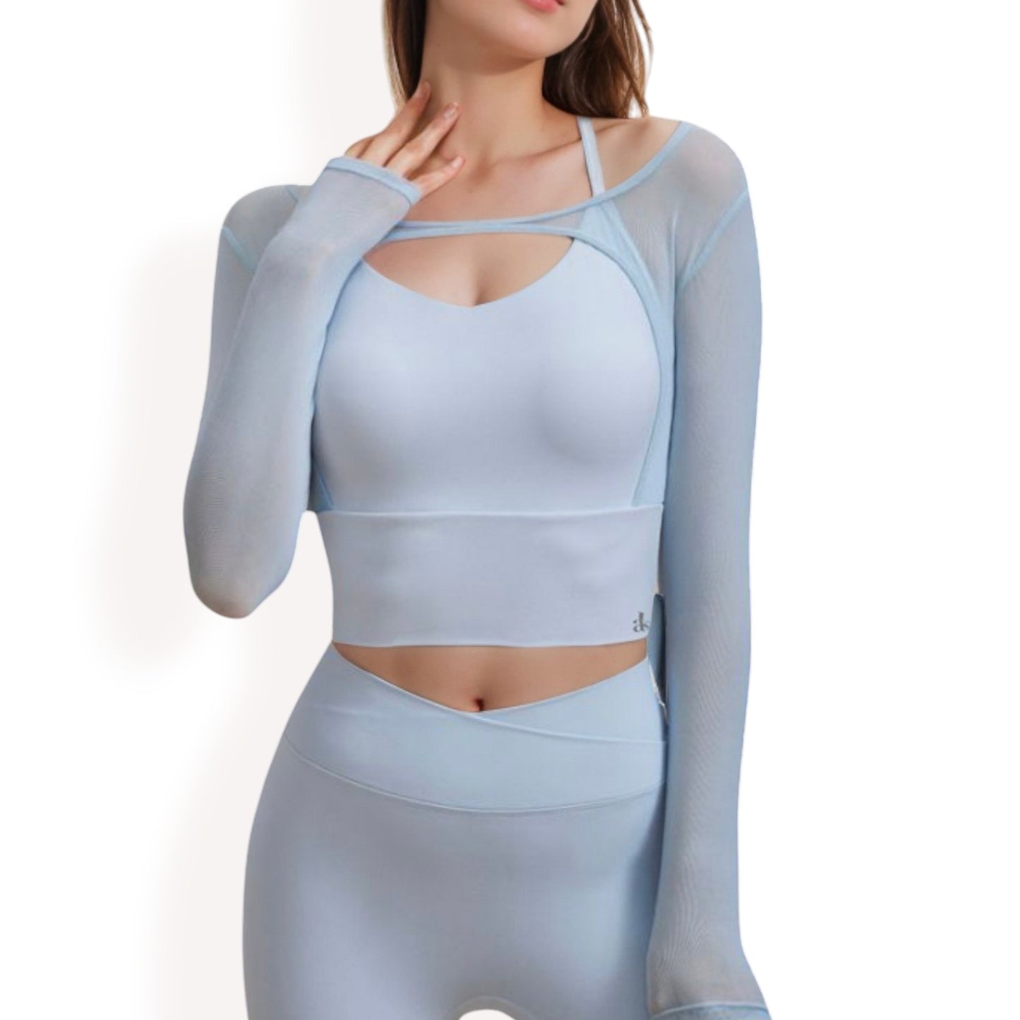 Anna-Kaci Women's Long Sleeve Mesh Cropped Activewear Top with Cutout Detail and Sheer Sleeves