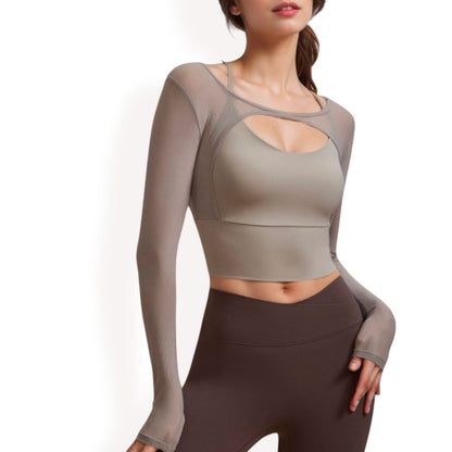 Anna-Kaci Women's Long Sleeve Mesh Cropped Activewear Top with Cutout Detail and Sheer Sleeves