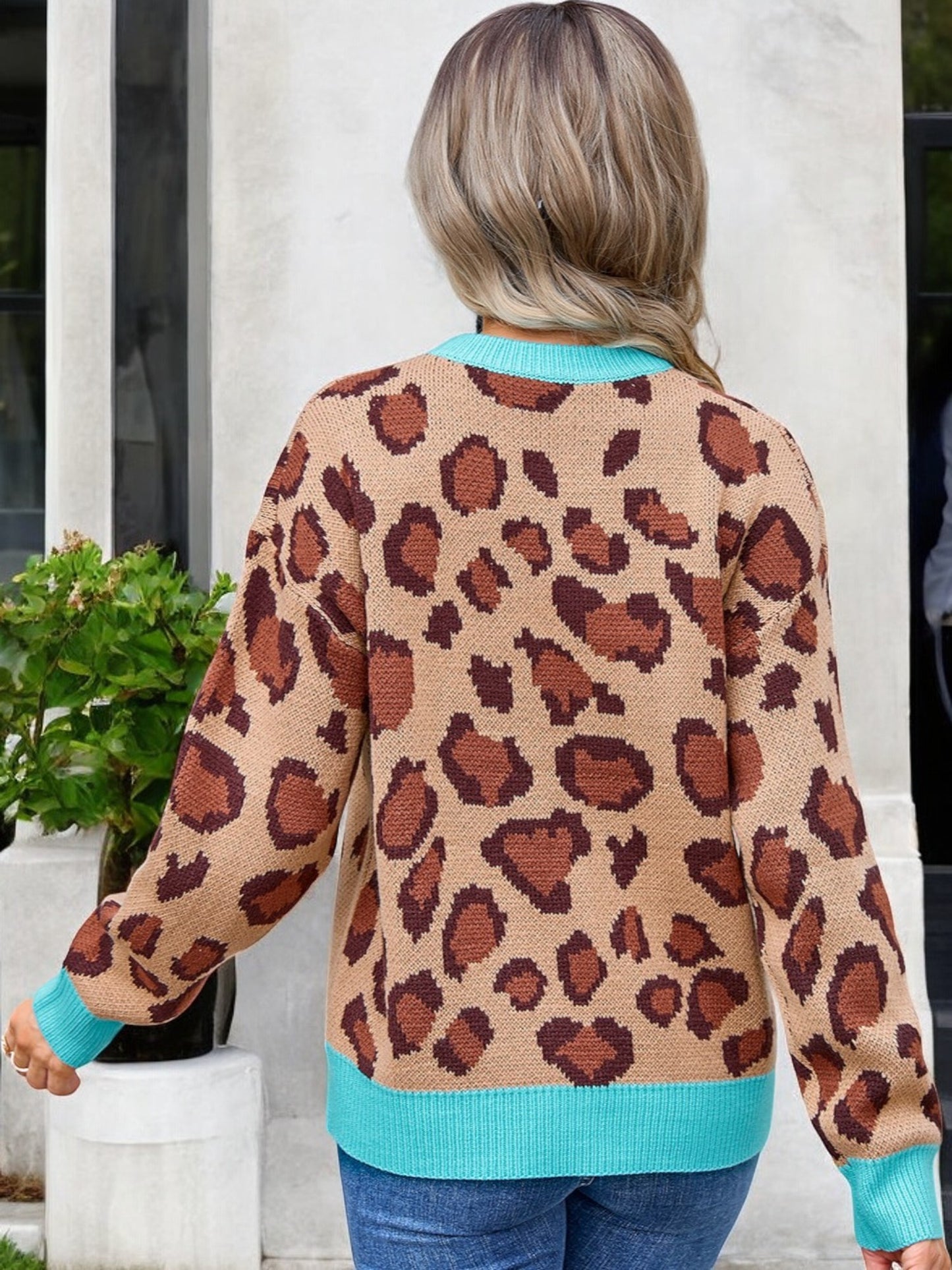 Suéter de punto con estampado de leopardo y manga larga para mujer de Anna-Kaci con ribete en contraste