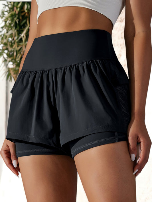 Mock 2-Piece Layered Breathable Mesh Cycling Active Shorts