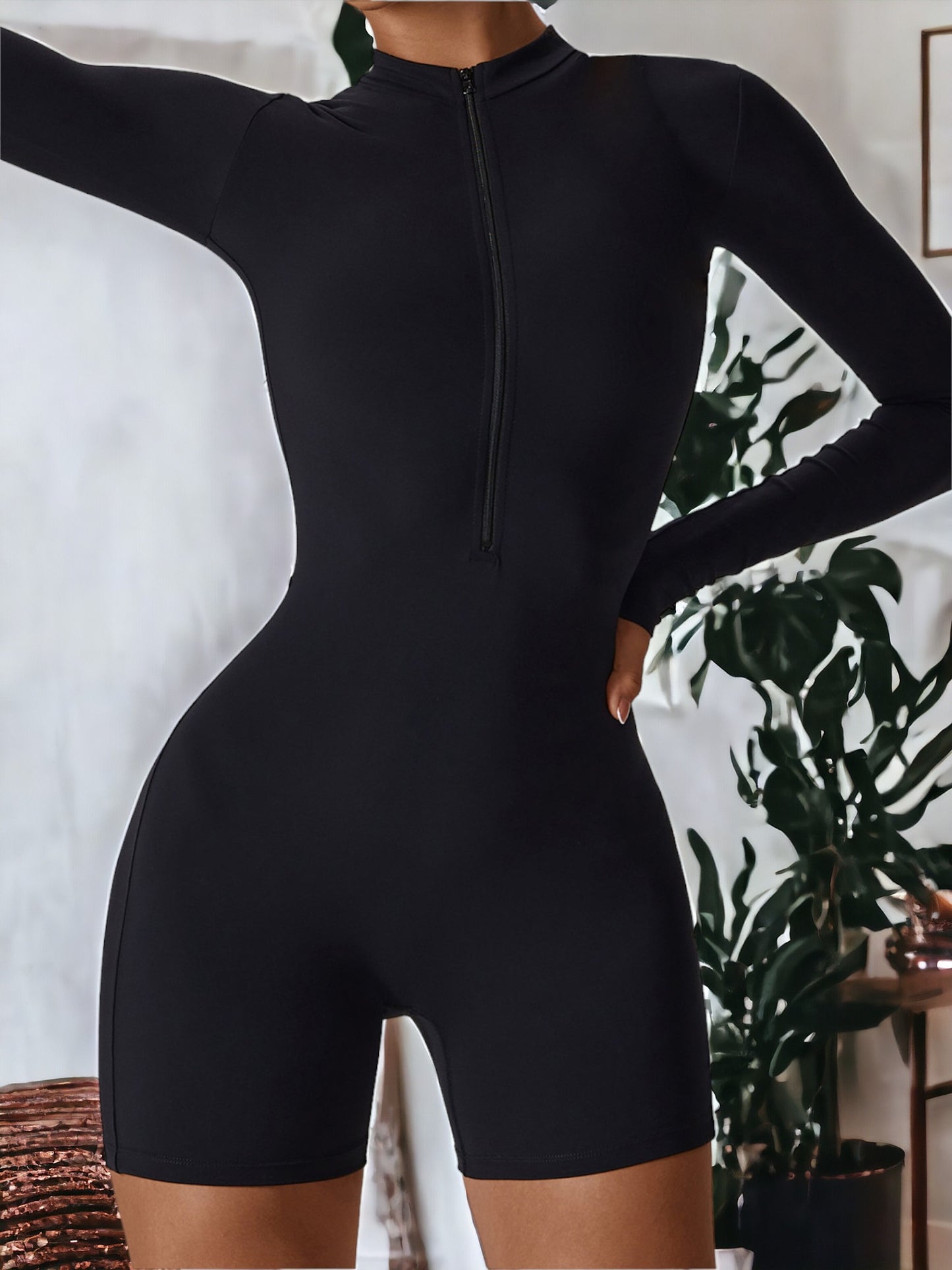 Zippered Long-Sleeved Tight Sports Jumpsuit