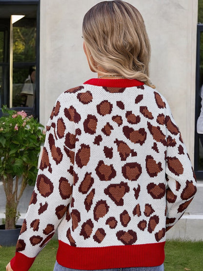 Suéter de punto con estampado de leopardo y manga larga para mujer de Anna-Kaci con ribete en contraste