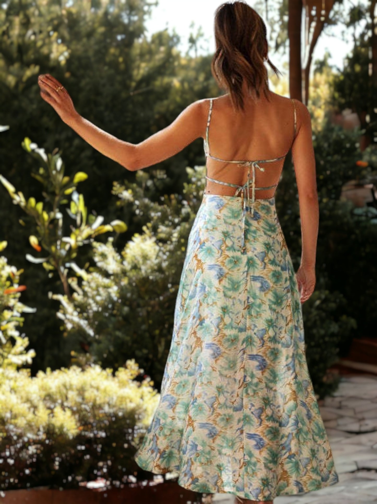 Floral Printed Spaghetti Strap Backless Slit Maxi Dress