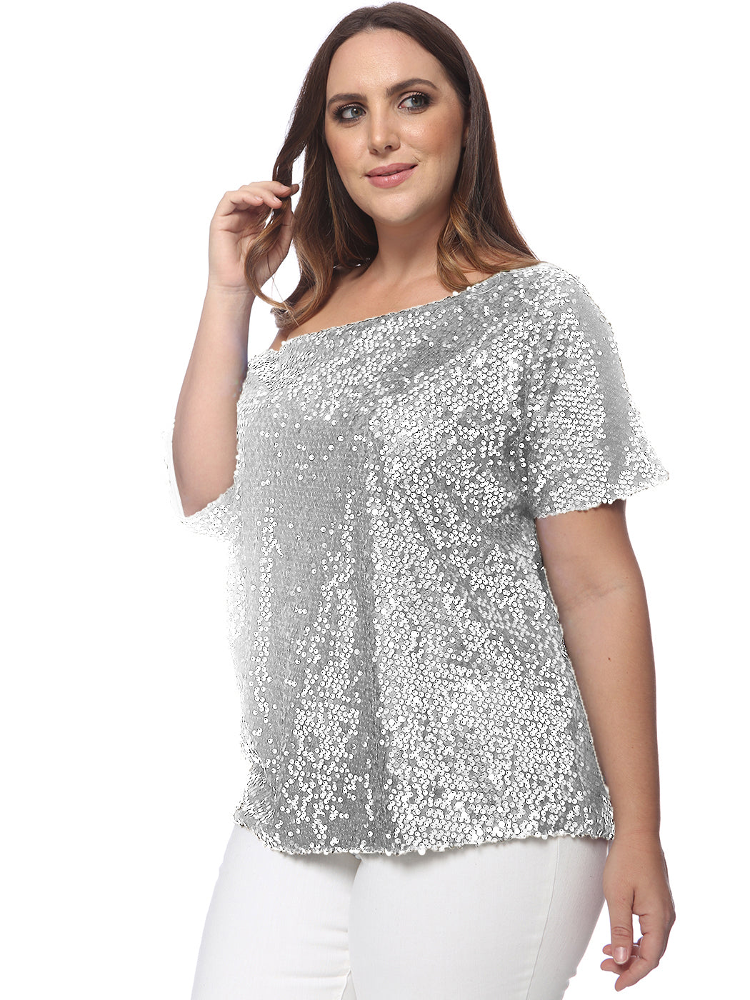 Anna-Kaci Plus Size One Shoulder Sequin Top for Women