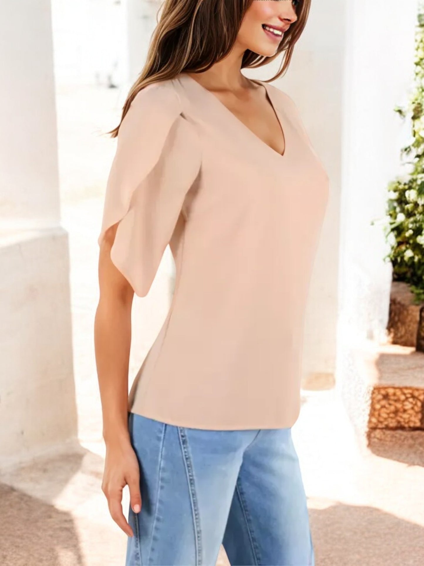 V-Neck Blouse with Split Short Sleeves and Relaxed Fit