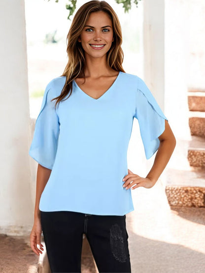 V-Neck Blouse with Split Short Sleeves and Relaxed Fit