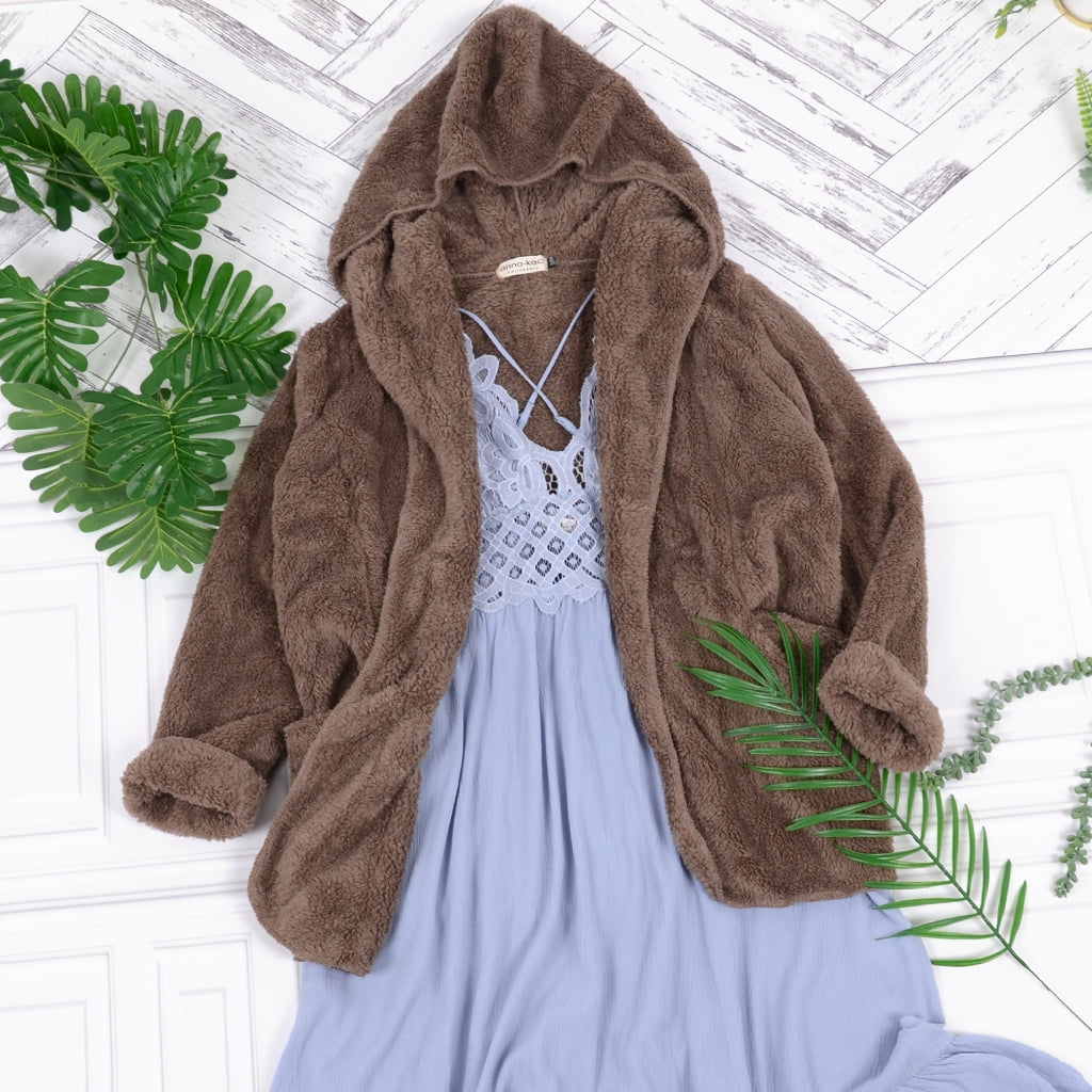 Fluffy Fleece Teddy Faux Fur Coat Jacket with Hoodie