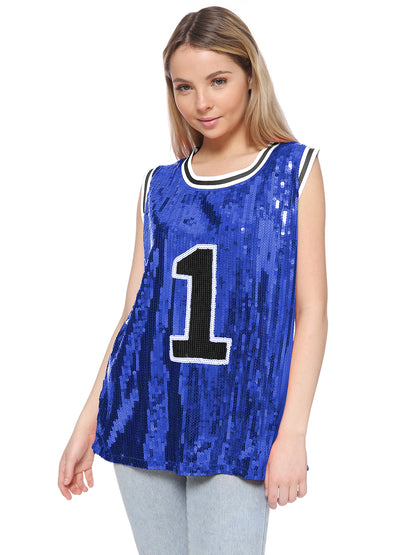 Sparkle Glitter Hip Hop Number 1 T-Shirt Top Blouse Tunic Sequins Basketball Tank Vests