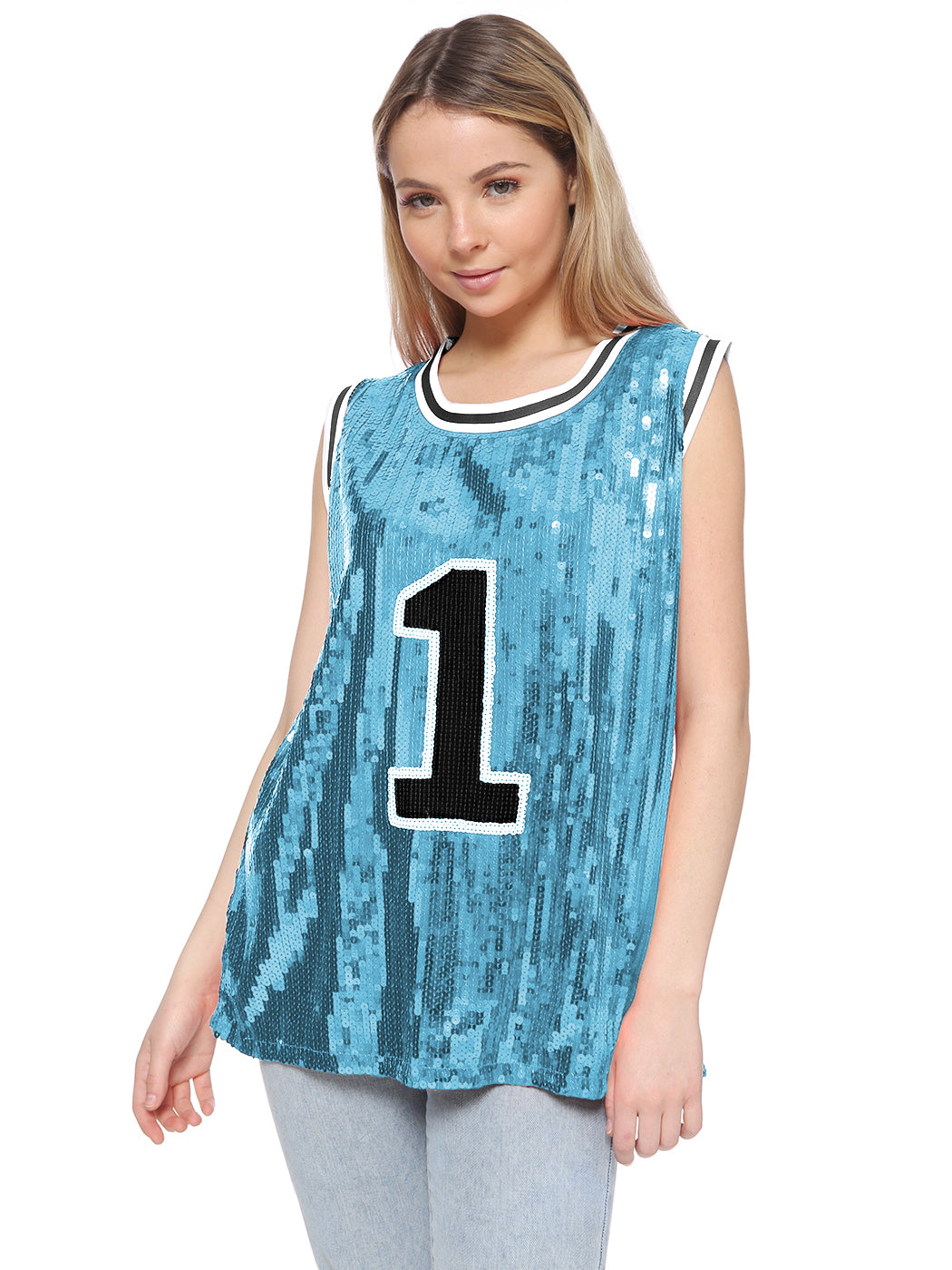 Sparkle Glitter Hip Hop Number 1 T-Shirt Top Blouse Tunic Sequins Basketball Tank Vests