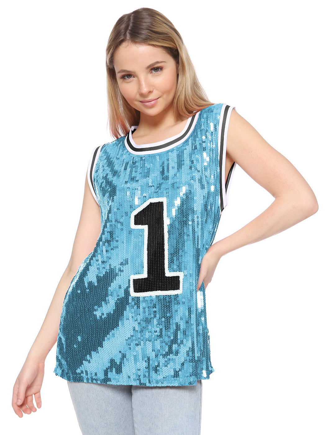 Sparkle Glitter Hip Hop Number 1 T-Shirt Top Blouse Tunic Sequins Basketball Tank Vests