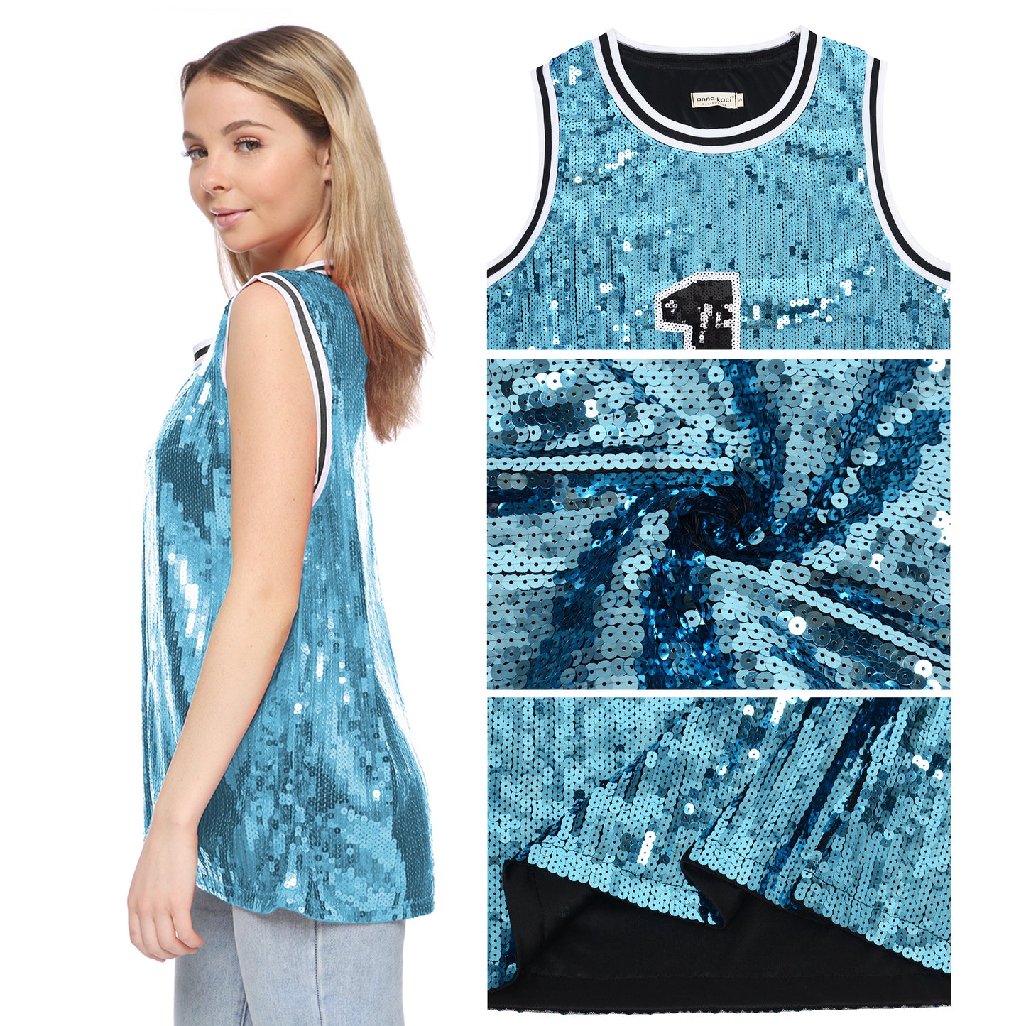 Sparkle Glitter Hip Hop Number 1 T-Shirt Top Blouse Tunic Sequins Basketball Tank Vests