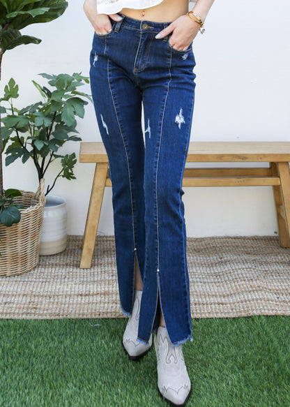 High Waist Distressed Slit Denim Jeans Long Pants with Pockets