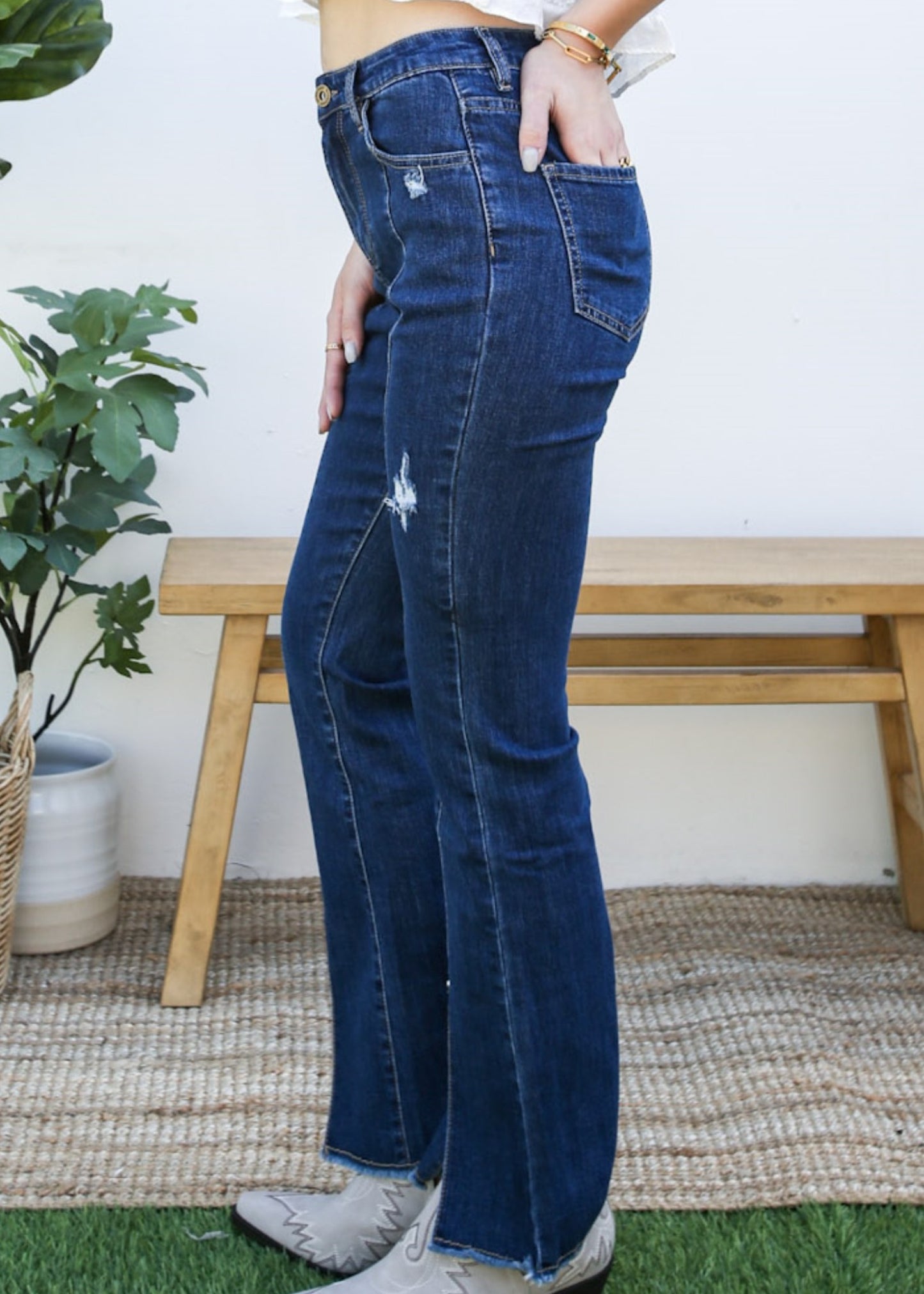 High Waist Distressed Slit Denim Jeans Long Pants with Pockets