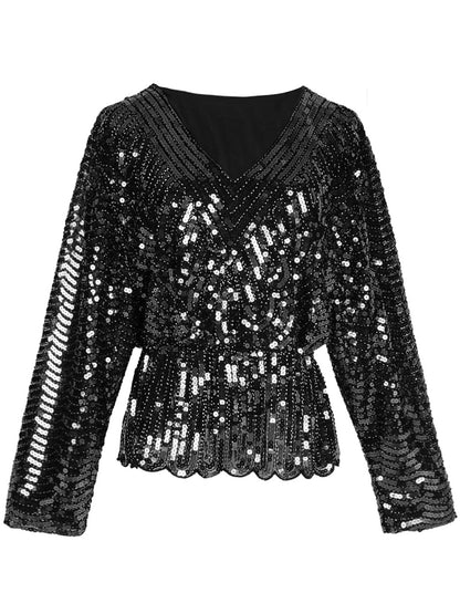 Blusa de fiesta con mangas largas y cintura elástica con cuello en V y lentejuelas brillantes de estilo vintage de los años 20 para mujer de Anna-Kaci