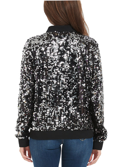 Sequin Jacket Sparkle Long Sleeve Front Zip Blazer Bomber Jacket with Pockets