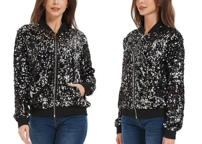 Sequin Jacket Sparkle Long Sleeve Front Zip Blazer Bomber Jacket with Pockets