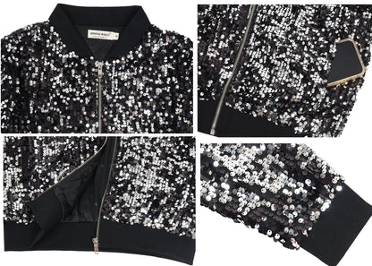 Sequin Jacket Sparkle Long Sleeve Front Zip Blazer Bomber Jacket with Pockets