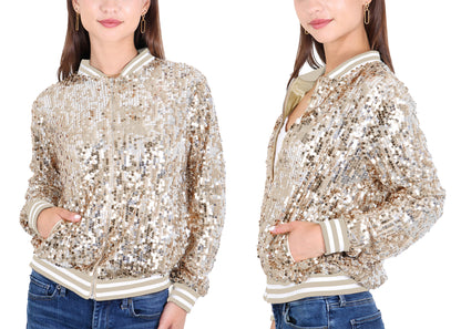 Sequin Jacket Sparkle Long Sleeve Front Zip Blazer Bomber Jacket with Pockets