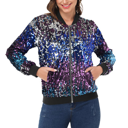 Sequin Jacket Sparkle Long Sleeve Front Zip Blazer Bomber Jacket with Pockets