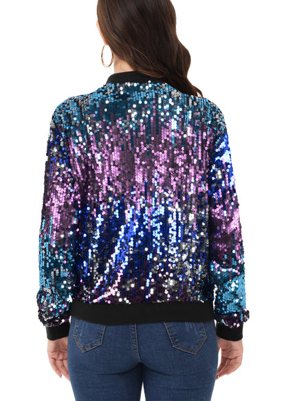 Sequin Jacket Sparkle Long Sleeve Front Zip Blazer Bomber Jacket with Pockets