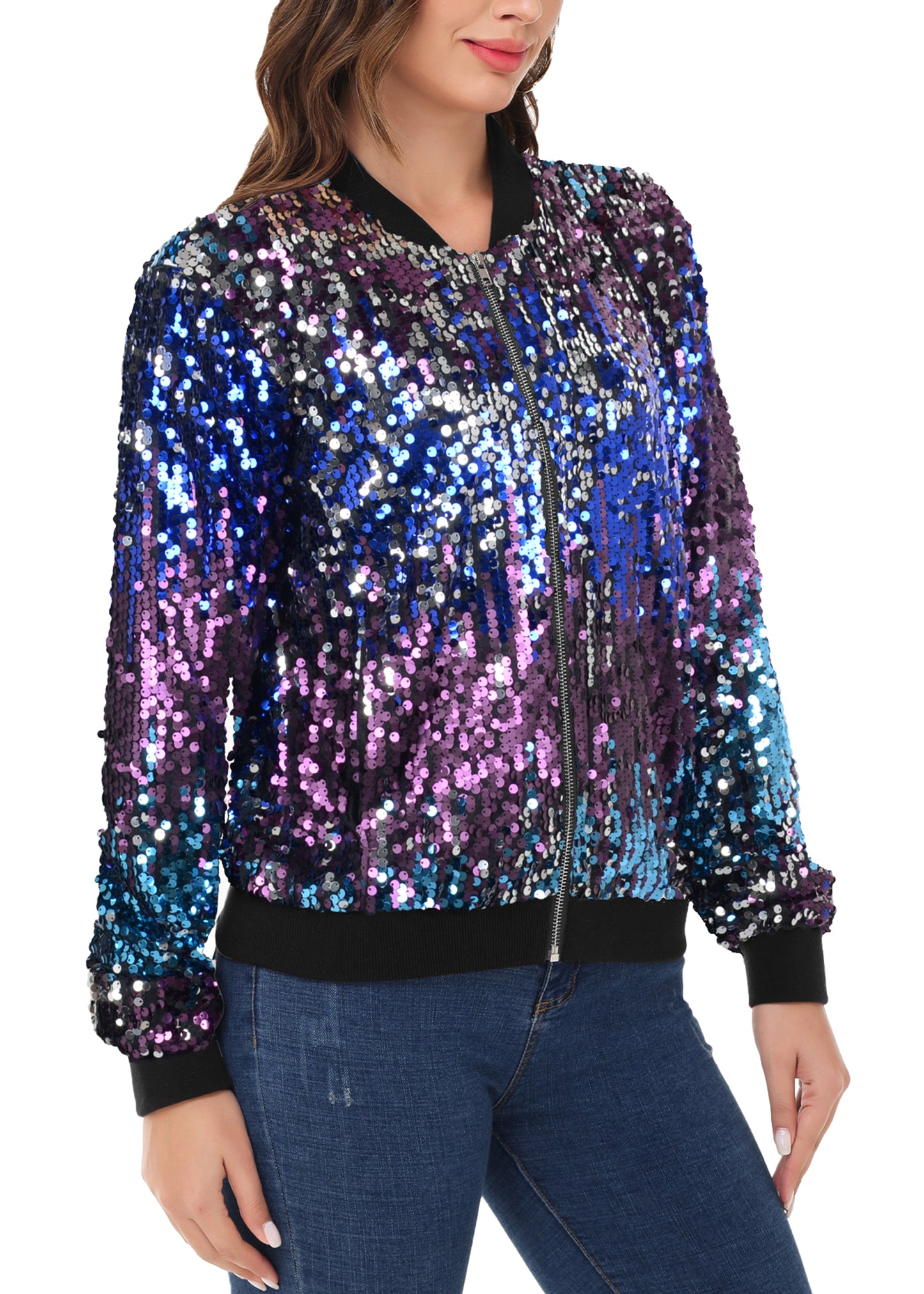 Sequin Jacket Sparkle Long Sleeve Front Zip Blazer Bomber Jacket with Pockets