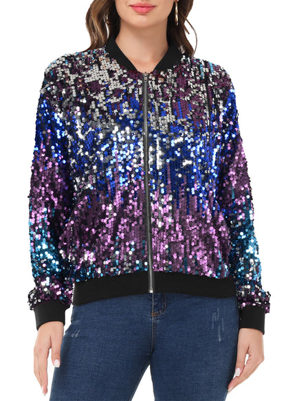 Sequin Jacket Sparkle Long Sleeve Front Zip Blazer Bomber Jacket with Pockets