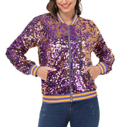 Sequin Jacket Sparkle Long Sleeve Front Zip Blazer Bomber Jacket with Pockets