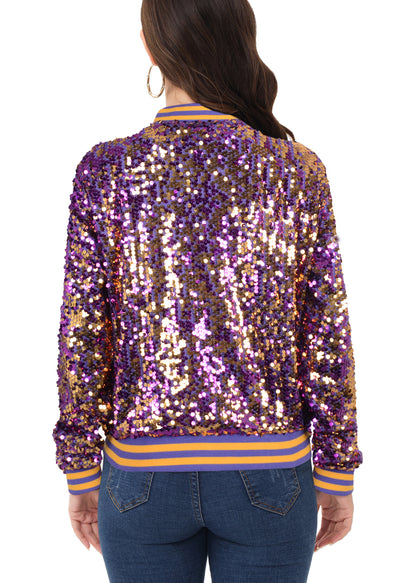 Sequin Jacket Sparkle Long Sleeve Front Zip Blazer Bomber Jacket with Pockets