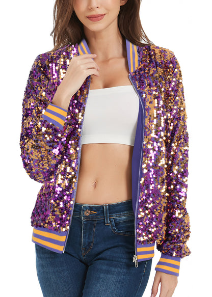 Sequin Jacket Sparkle Long Sleeve Front Zip Blazer Bomber Jacket with Pockets