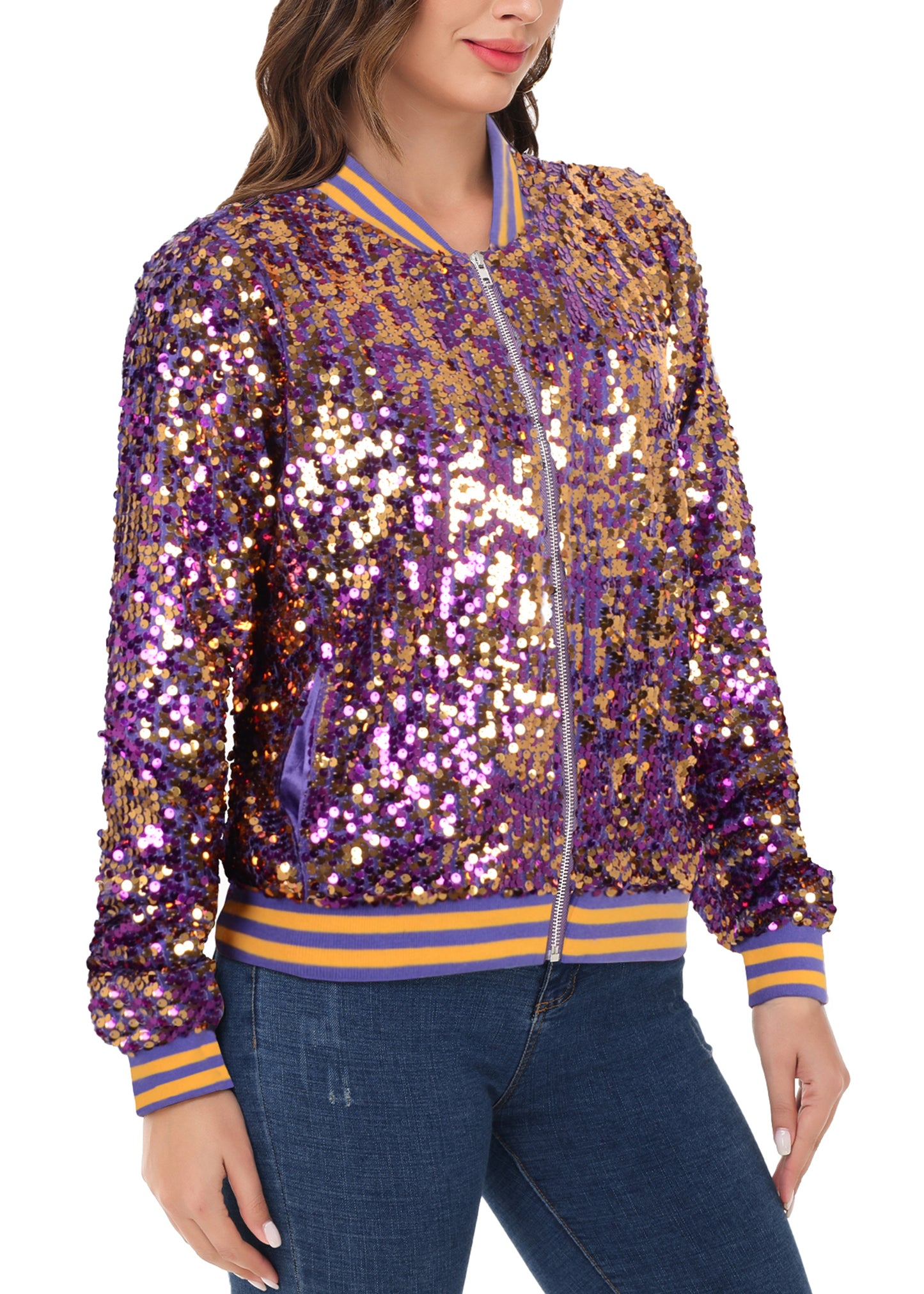 Sequin Jacket Sparkle Long Sleeve Front Zip Blazer Bomber Jacket with Pockets