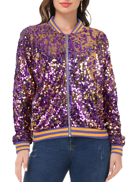 Sequin Jacket Sparkle Long Sleeve Front Zip Blazer Bomber Jacket with Pockets