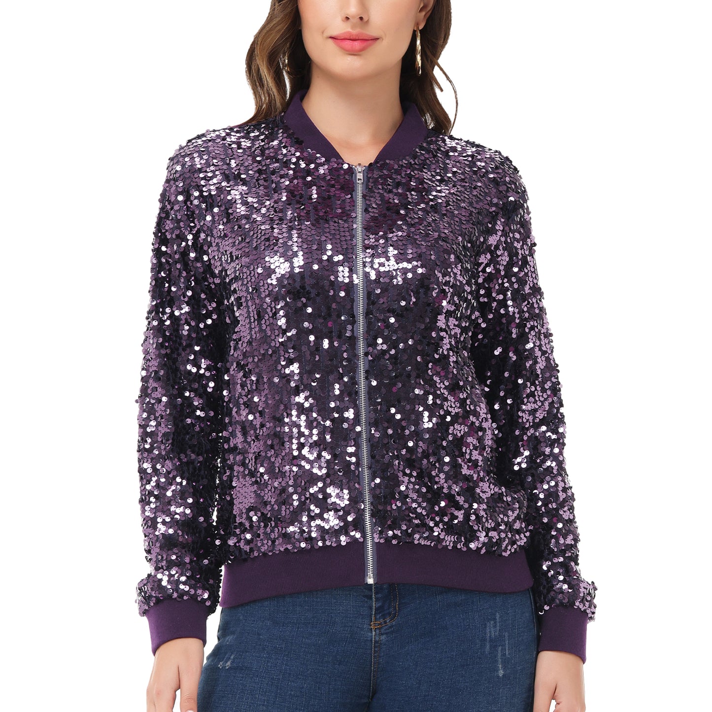 Sequin Jacket Sparkle Long Sleeve Front Zip Blazer Bomber Jacket with Pockets