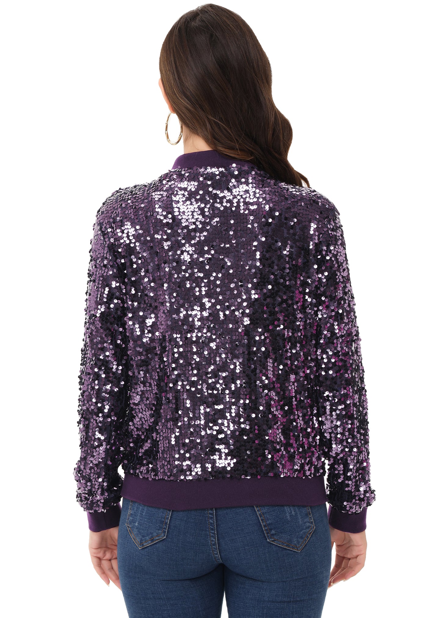 Sequin Jacket Sparkle Long Sleeve Front Zip Blazer Bomber Jacket with Pockets