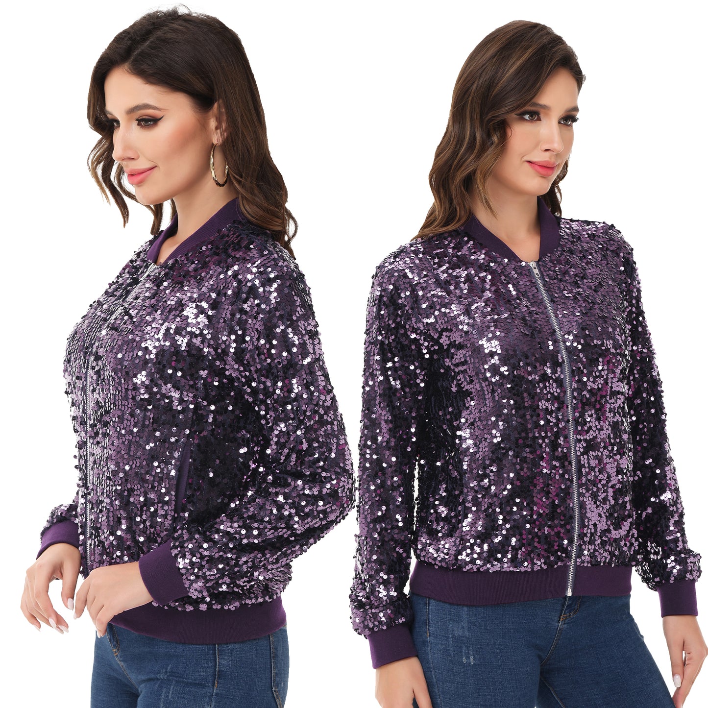 Sequin Jacket Sparkle Long Sleeve Front Zip Blazer Bomber Jacket with Pockets