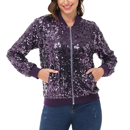 Sequin Jacket Sparkle Long Sleeve Front Zip Blazer Bomber Jacket with Pockets