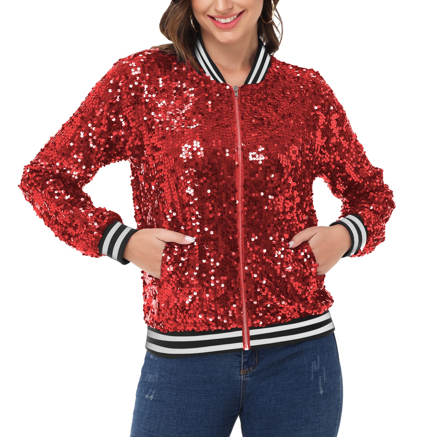 Sequin Jacket Sparkle Long Sleeve Front Zip Blazer Bomber Jacket with Pockets