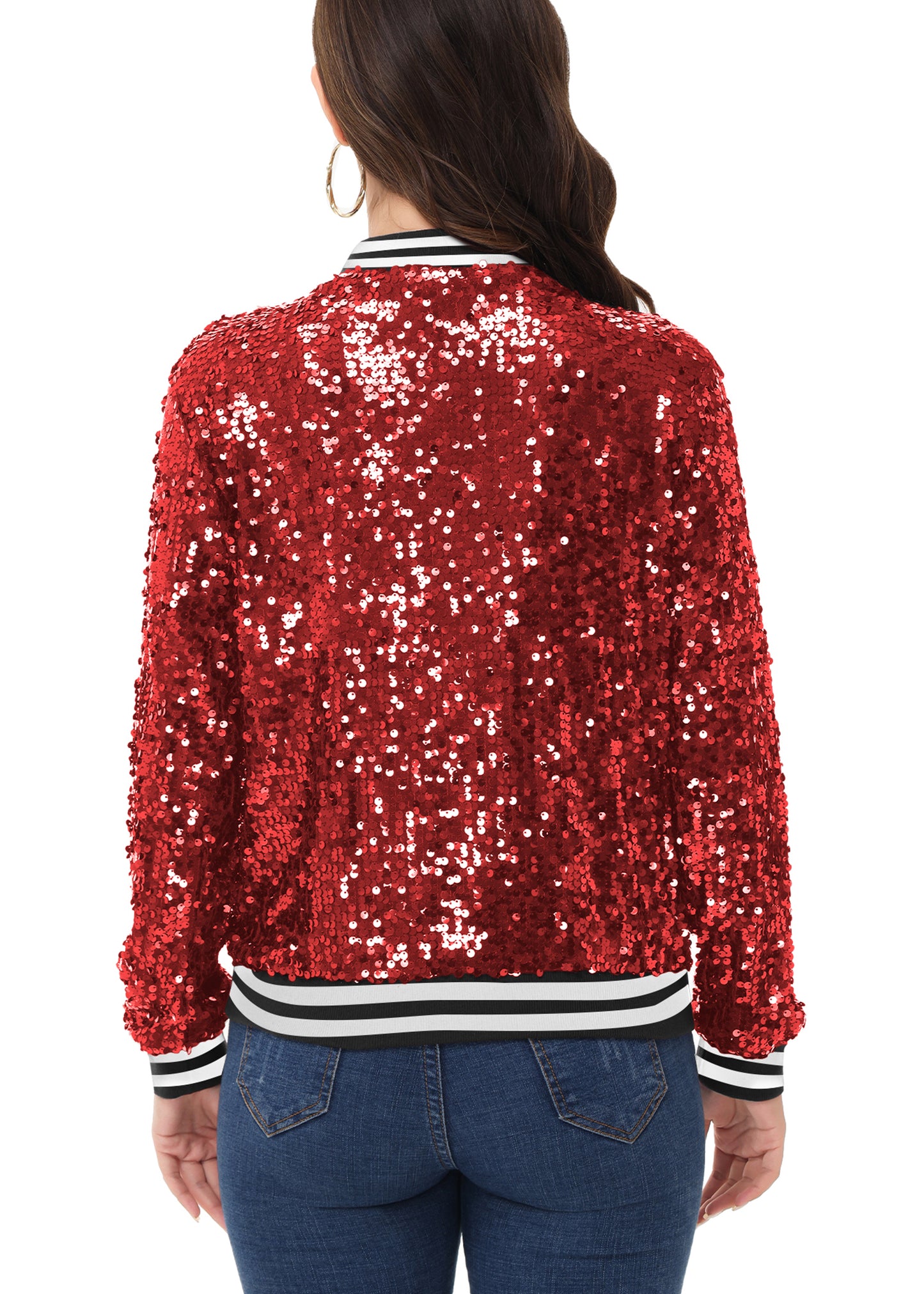 Sequin Jacket Sparkle Long Sleeve Front Zip Blazer Bomber Jacket with Pockets