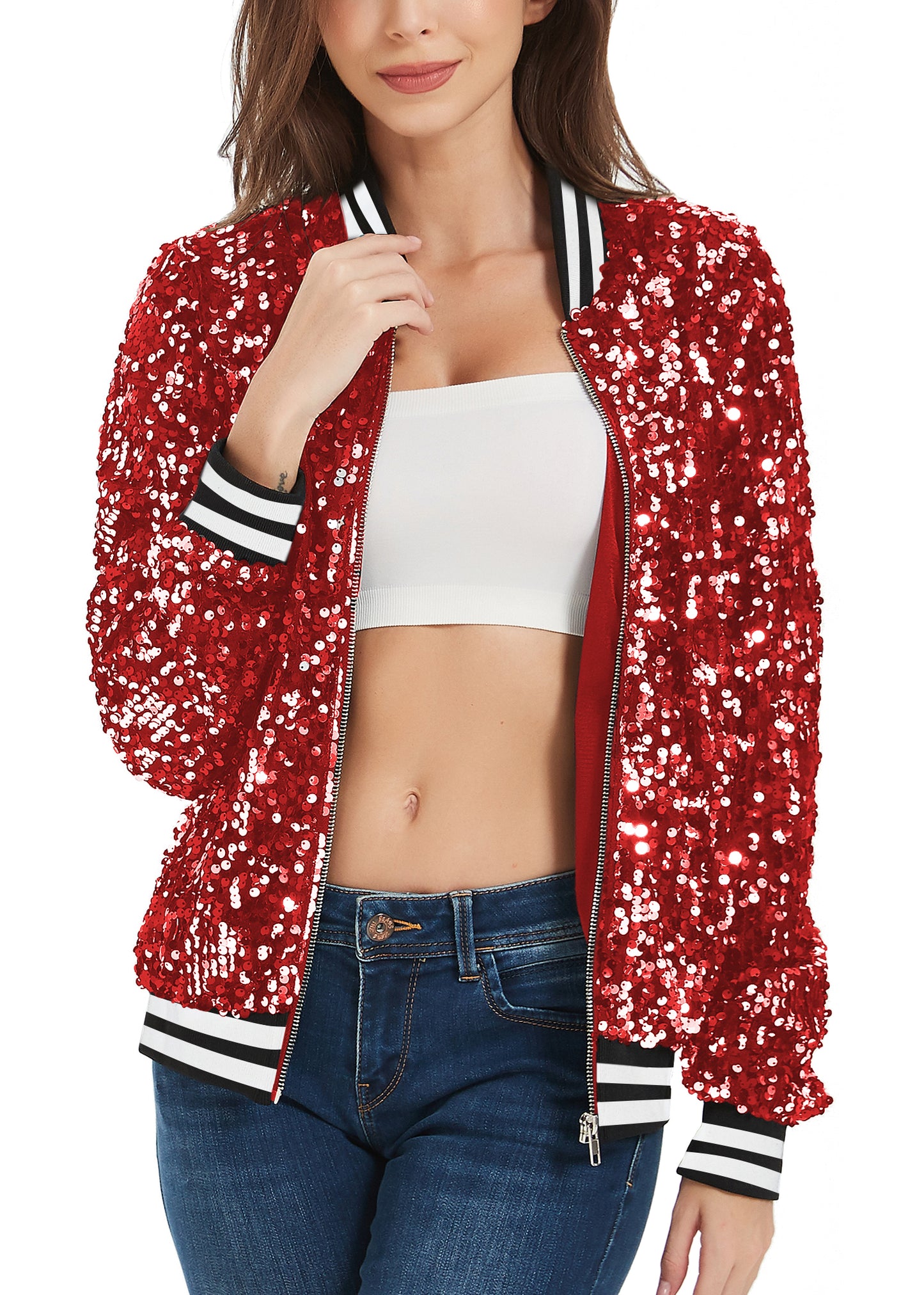 Sequin Jacket Sparkle Long Sleeve Front Zip Blazer Bomber Jacket with Pockets