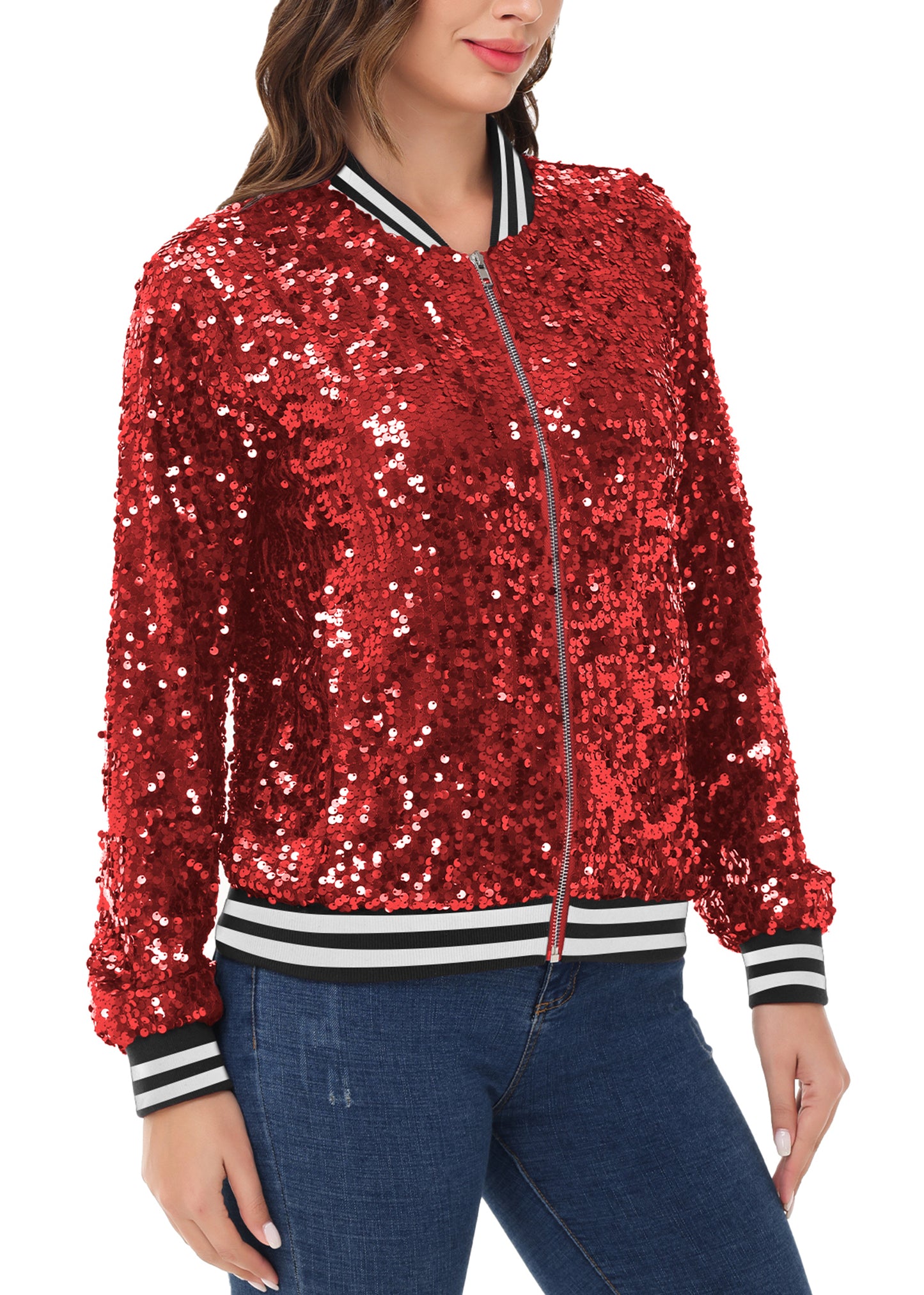 Sequin Jacket Sparkle Long Sleeve Front Zip Blazer Bomber Jacket with Pockets