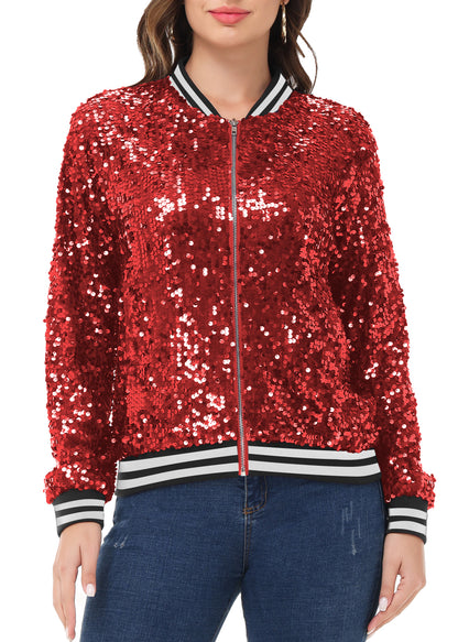 Sequin Jacket Sparkle Long Sleeve Front Zip Blazer Bomber Jacket with Pockets