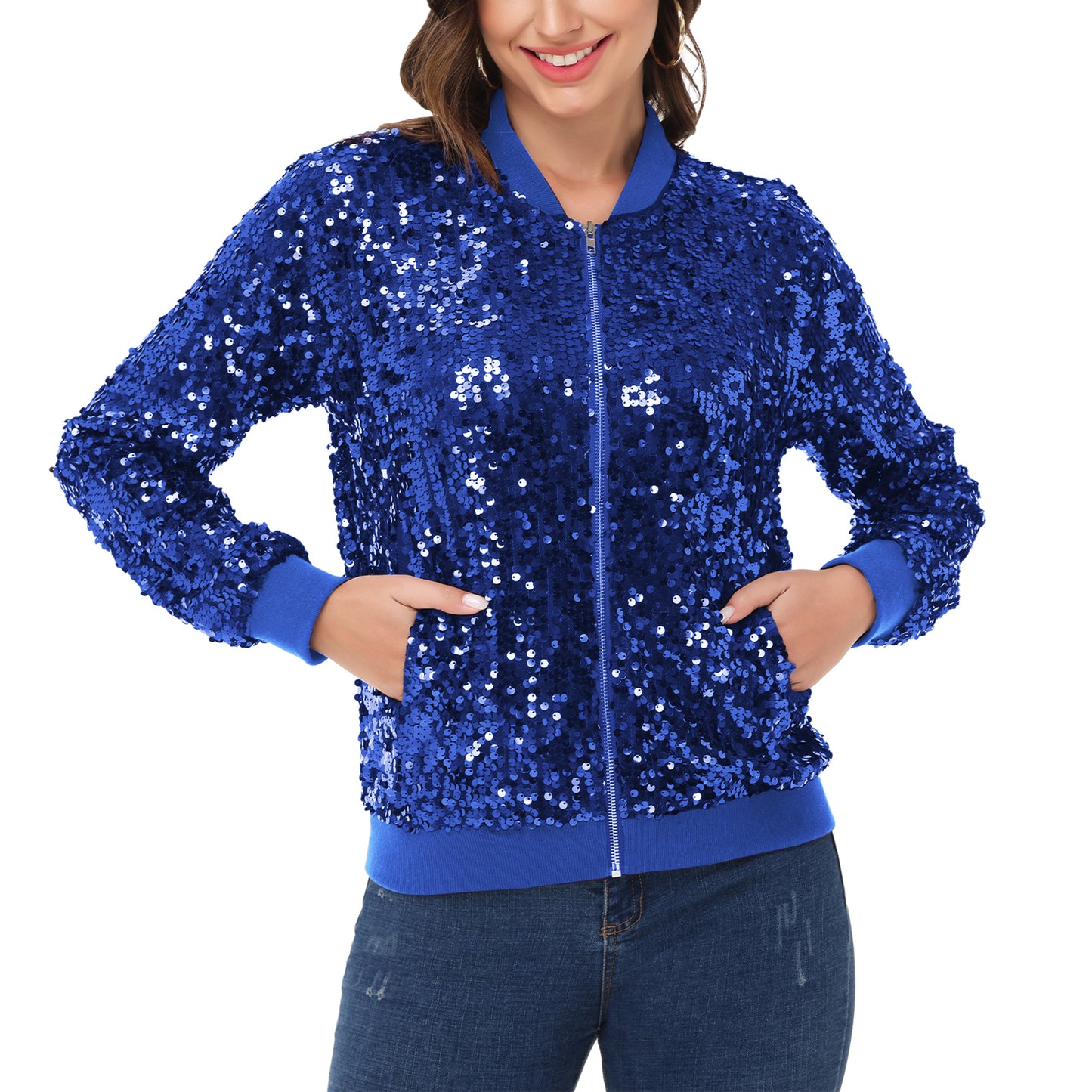 Sequin Jacket Sparkle Long Sleeve Front Zip Blazer Bomber Jacket with Pockets