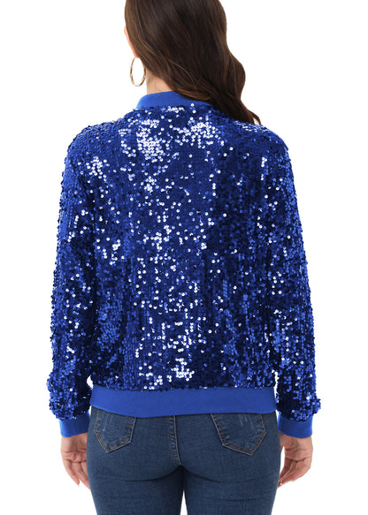 Sequin Jacket Sparkle Long Sleeve Front Zip Blazer Bomber Jacket with Pockets