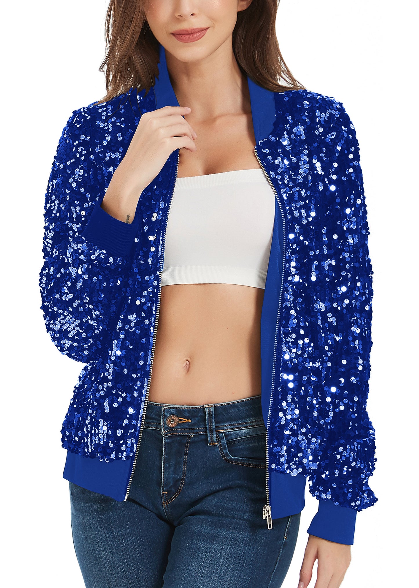 Sequin Jacket Sparkle Long Sleeve Front Zip Blazer Bomber Jacket with Pockets