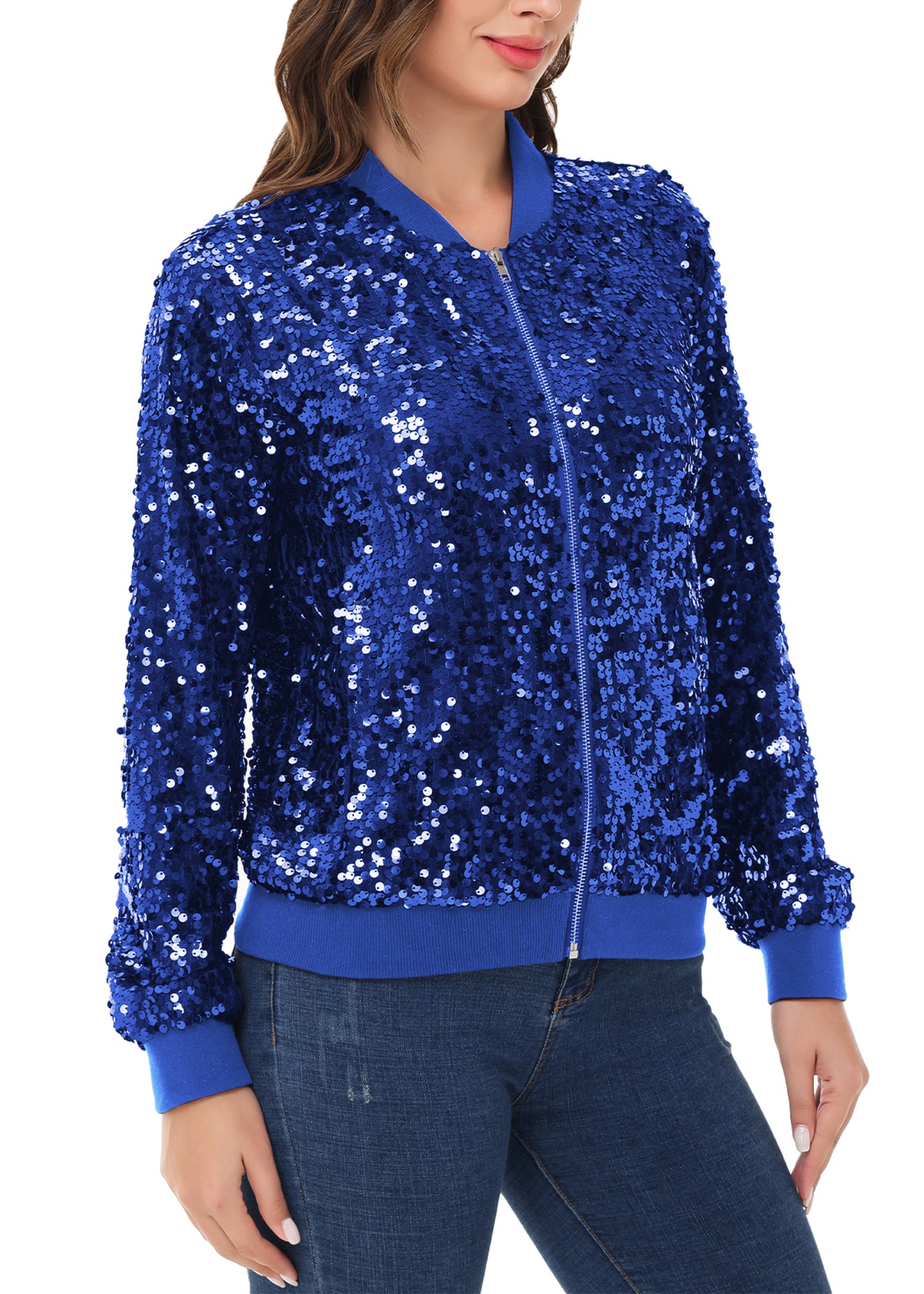 Sequin Jacket Sparkle Long Sleeve Front Zip Blazer Bomber Jacket with Pockets