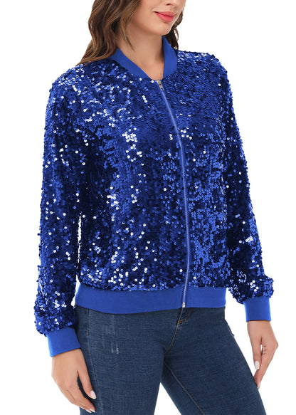 Sequin Jacket Sparkle Long Sleeve Front Zip Blazer Bomber Jacket with Pockets