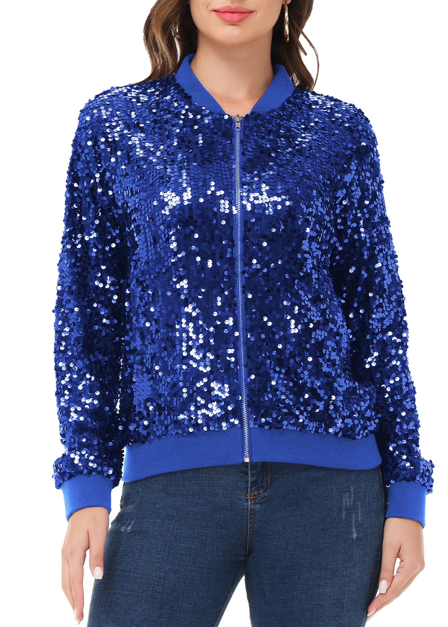 Sequin Jacket Sparkle Long Sleeve Front Zip Blazer Bomber Jacket with Pockets