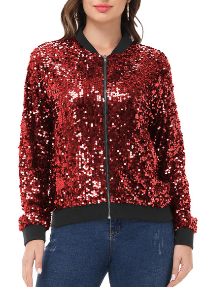 Sequin Jacket Sparkle Long Sleeve Front Zip Blazer Bomber Jacket with Pockets