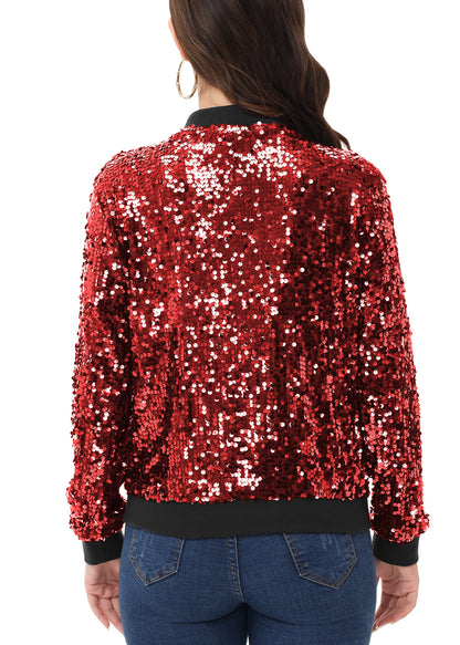 Sequin Jacket Sparkle Long Sleeve Front Zip Blazer Bomber Jacket with Pockets